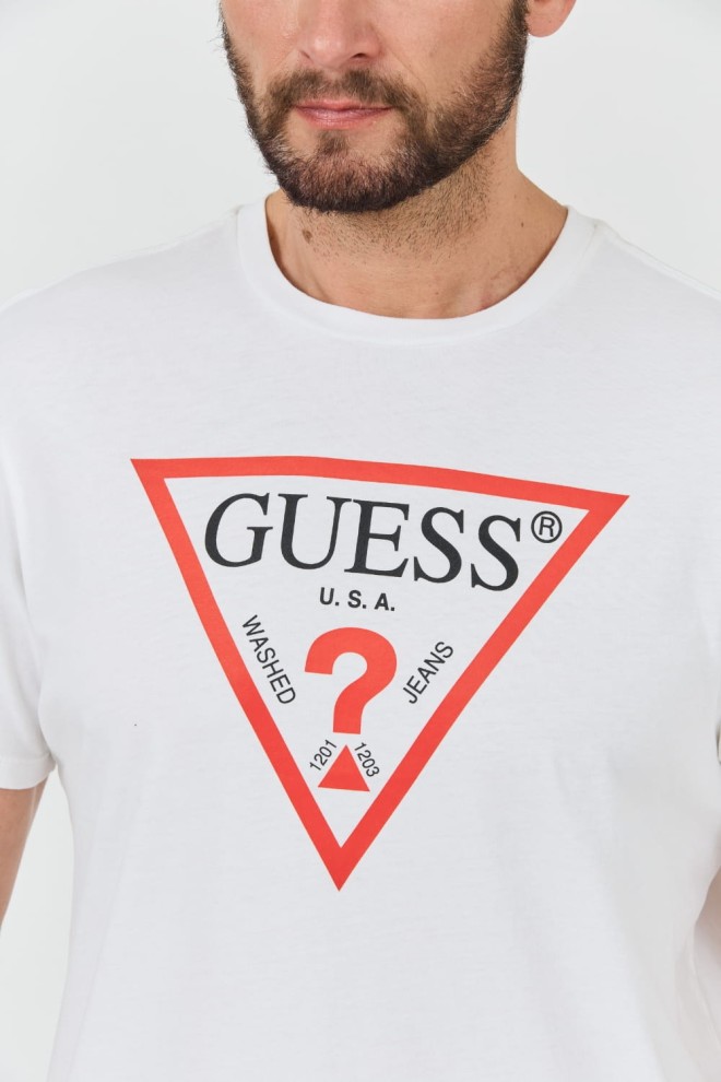 GUESS Biały t-shirt z dużym logo Clsc Tri Logo