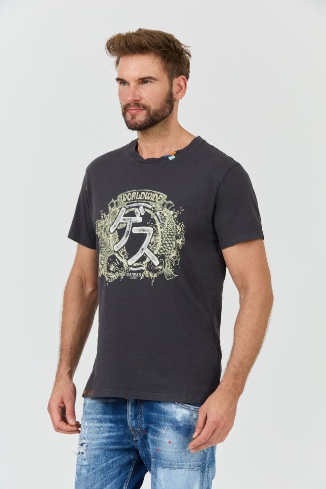 GUESS Tricou bărbătesc gri din bumbac japonez Ideog