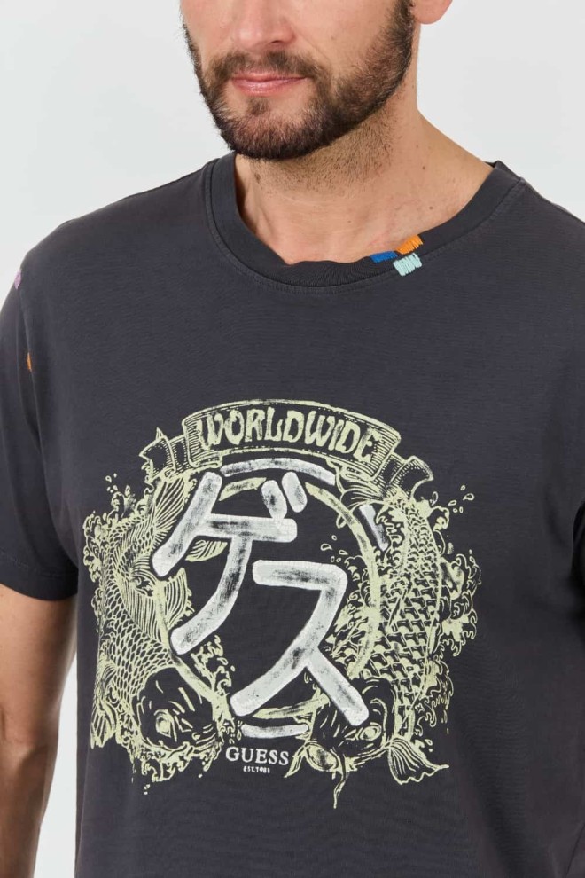 GUESS Tricou bărbătesc gri din bumbac japonez Ideog