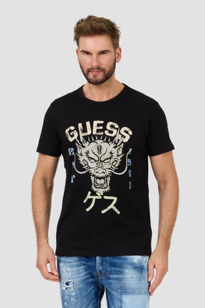GUESS Negru bărbați bumbac Dragon Tee