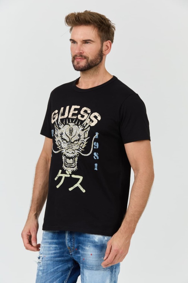 GUESS Negru bărbați bumbac Dragon Tee