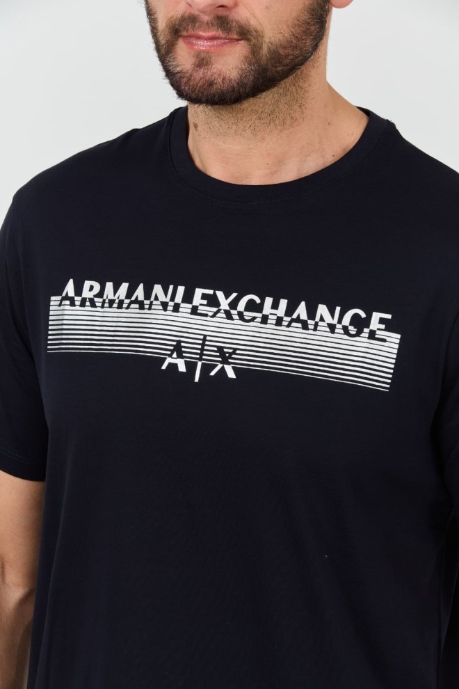 ARMANI EXCHANGE Tricou albastru marin pentru bărbați cu logo argintiu
