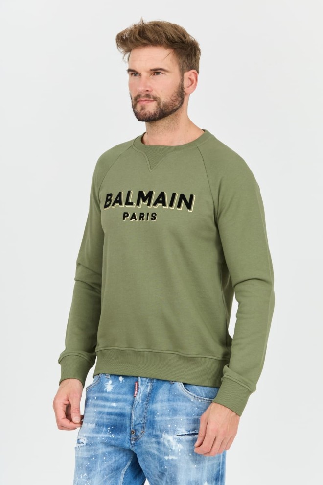 Зелений світшот BALMAIN з флоком та фольгою