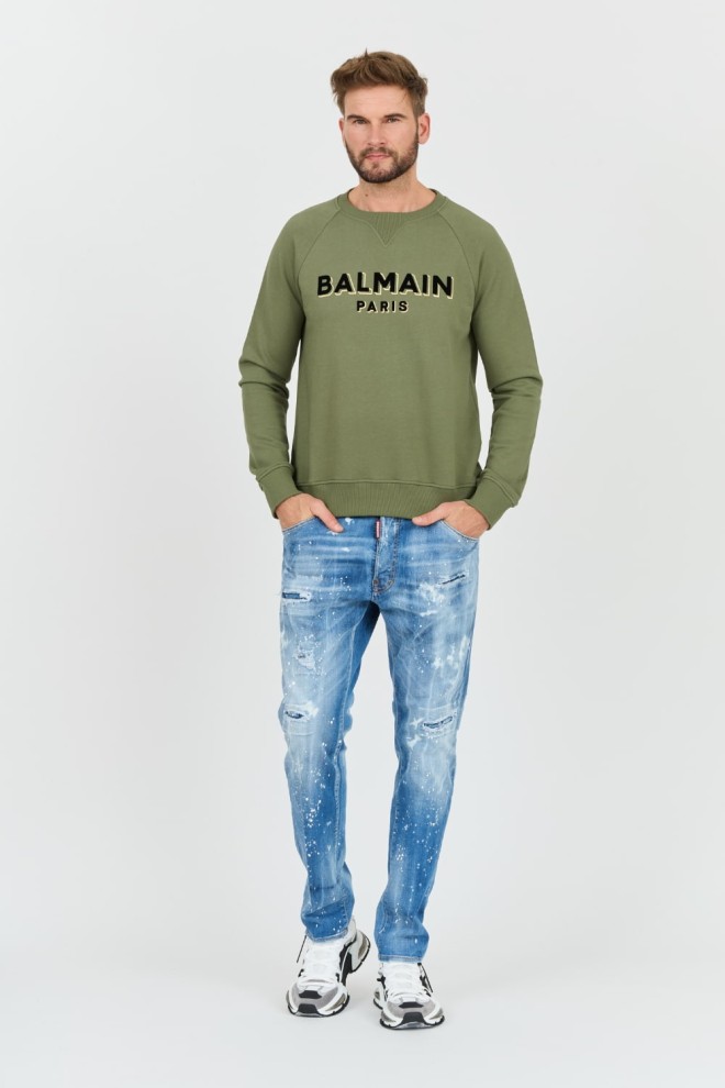 Зелений світшот BALMAIN з флоком та фольгою