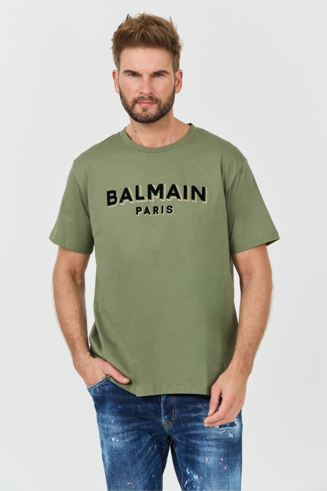 BALMAIN Green bărbați Flock&foil T-shirt Bulky Fit