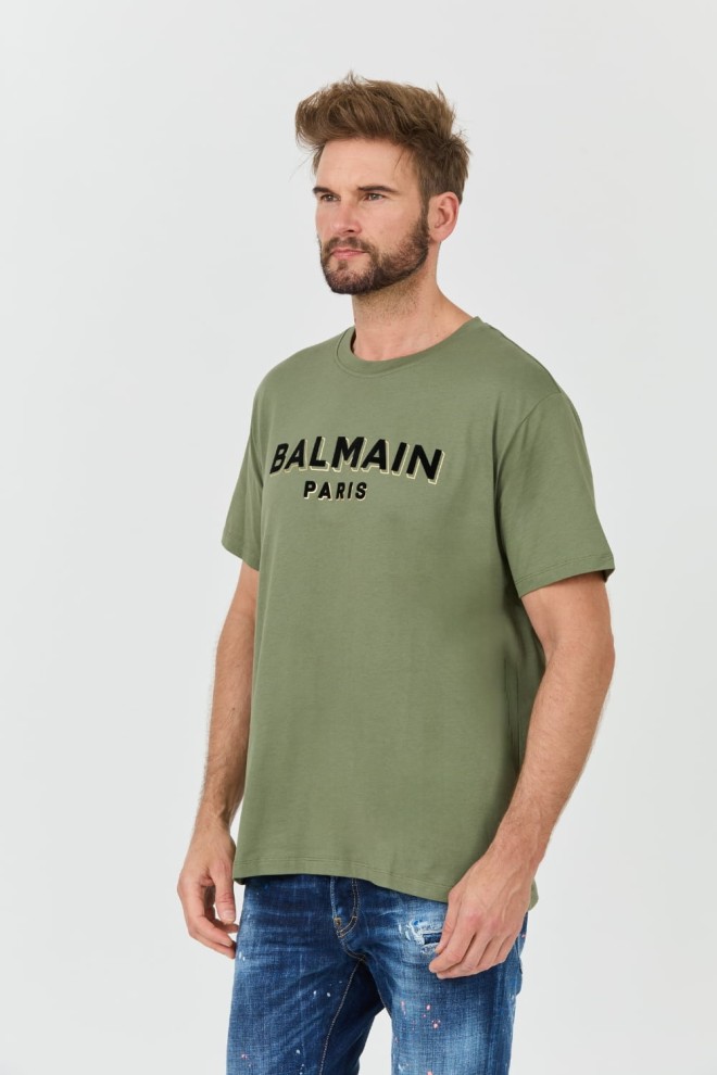 BALMAIN Green bărbați Flock&foil T-shirt Bulky Fit
