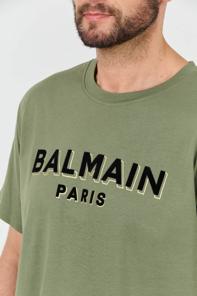 BALMAIN Green bărbați Flock&foil T-shirt Bulky Fit