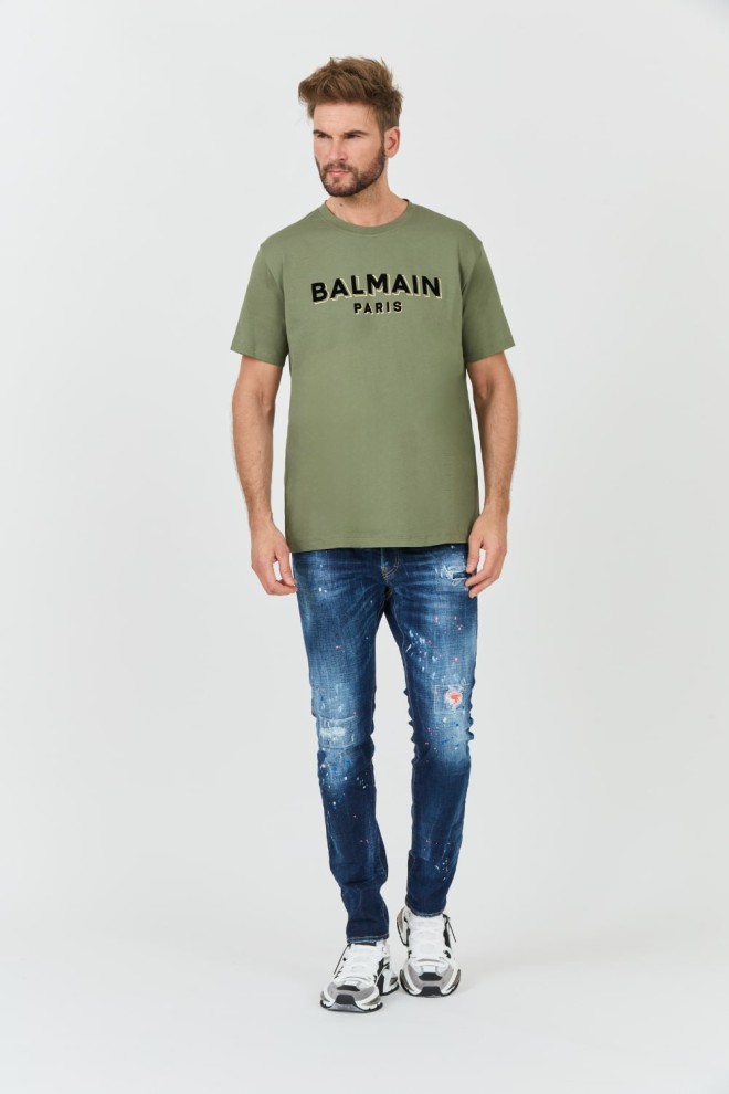 BALMAIN Green bărbați Flock&foil T-shirt Bulky Fit