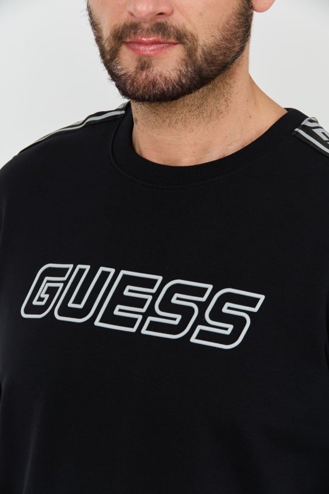 GUESS Tricou negru cu dungi Arlo pentru bărbați