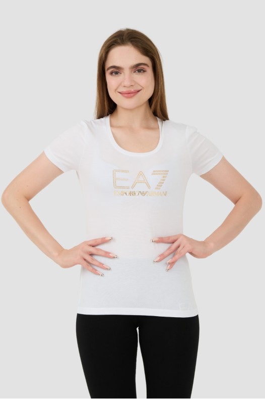 EA7 Biały t-shirt z cyrkoniami