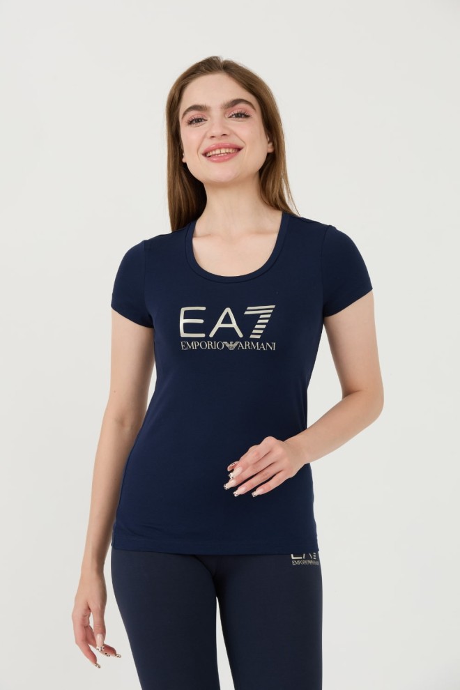 EA7 Granatowy t-shirt ze srebrnym logo