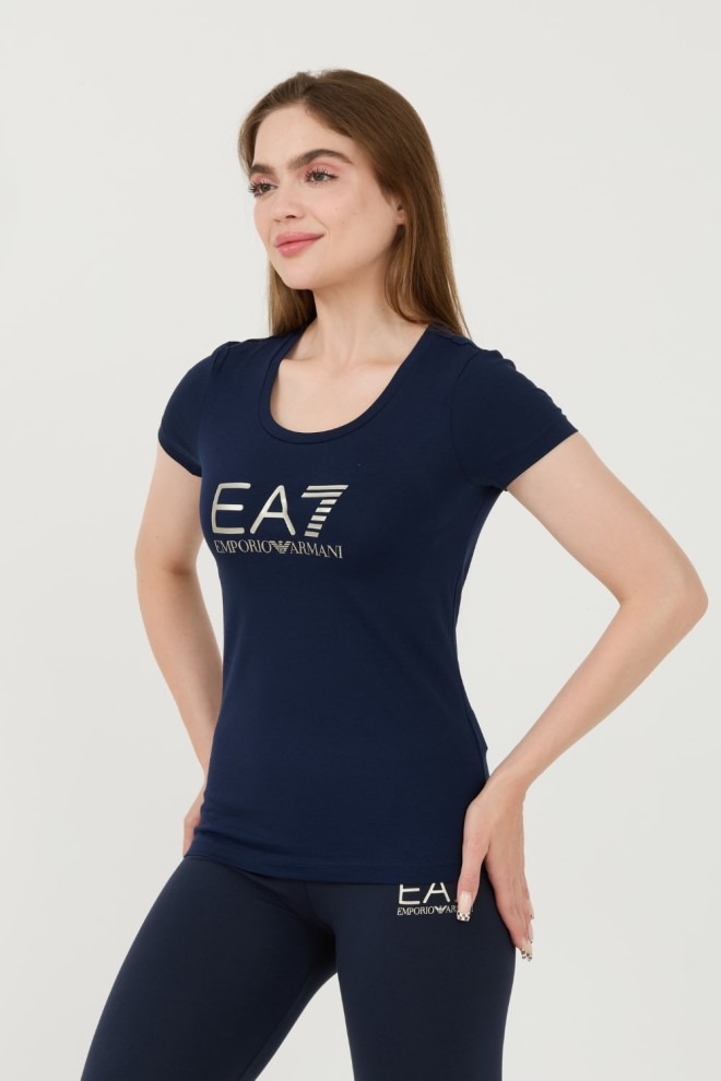 EA7 Granatowy t-shirt ze srebrnym logo