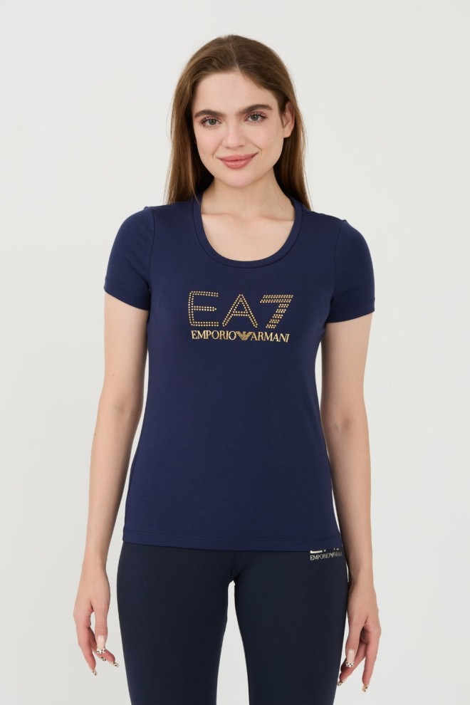 EA7 Tricou albastru marin pentru femei cu zirconii