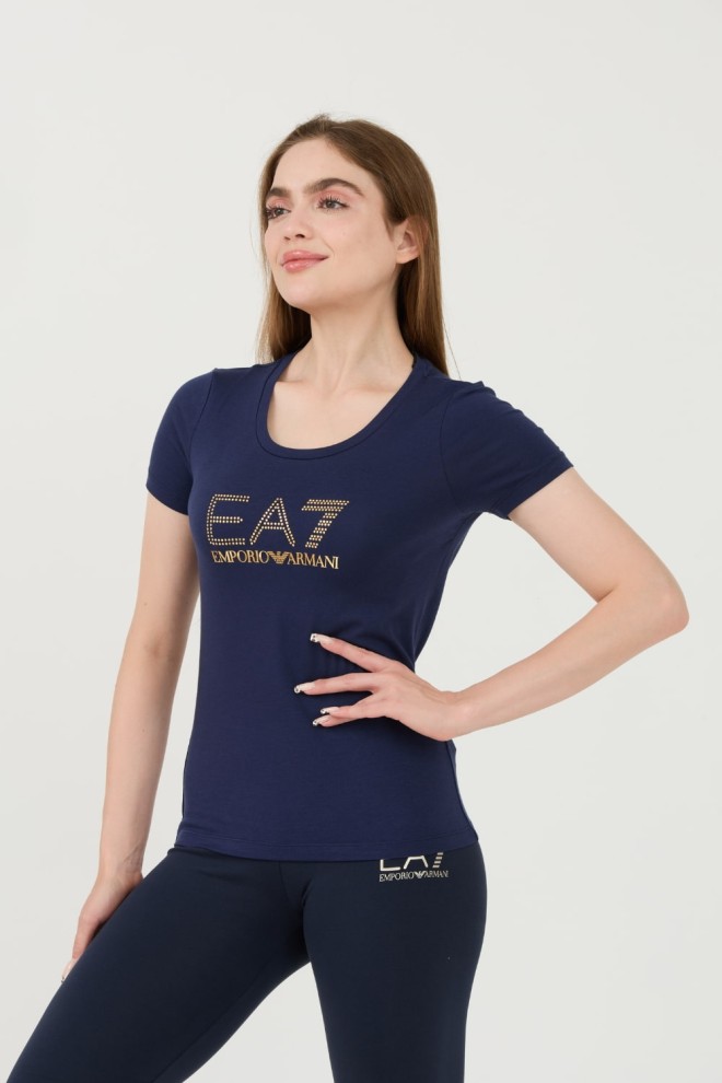 EA7 Tricou albastru marin pentru femei cu zirconii