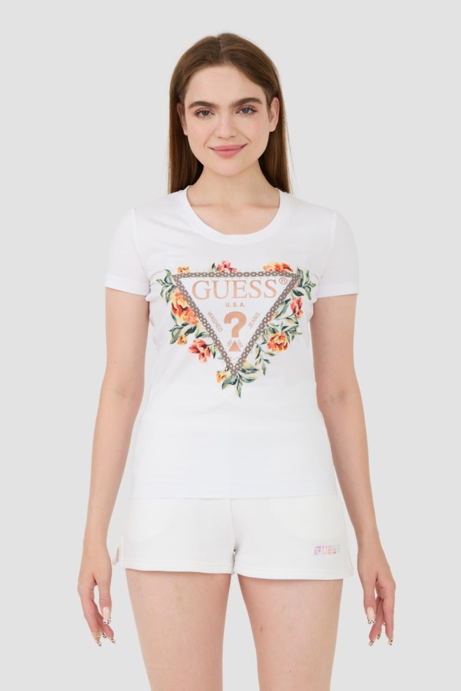 GUESS Biały t-shirt Triangle Flowers