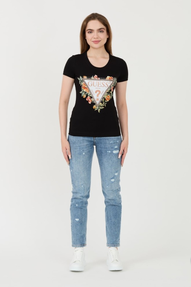 GUESS Czarny t-shirt Triangle Flowers