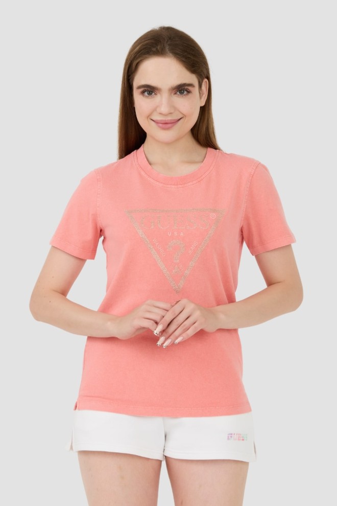 Tricou din bumbac cu logo-ul vintage pentru femei GUESS Pink