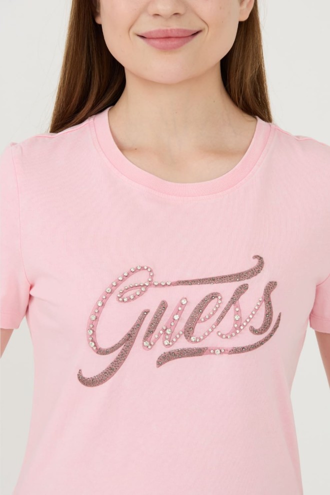 GUESS Różowy t-shirt Stones&embro Tee