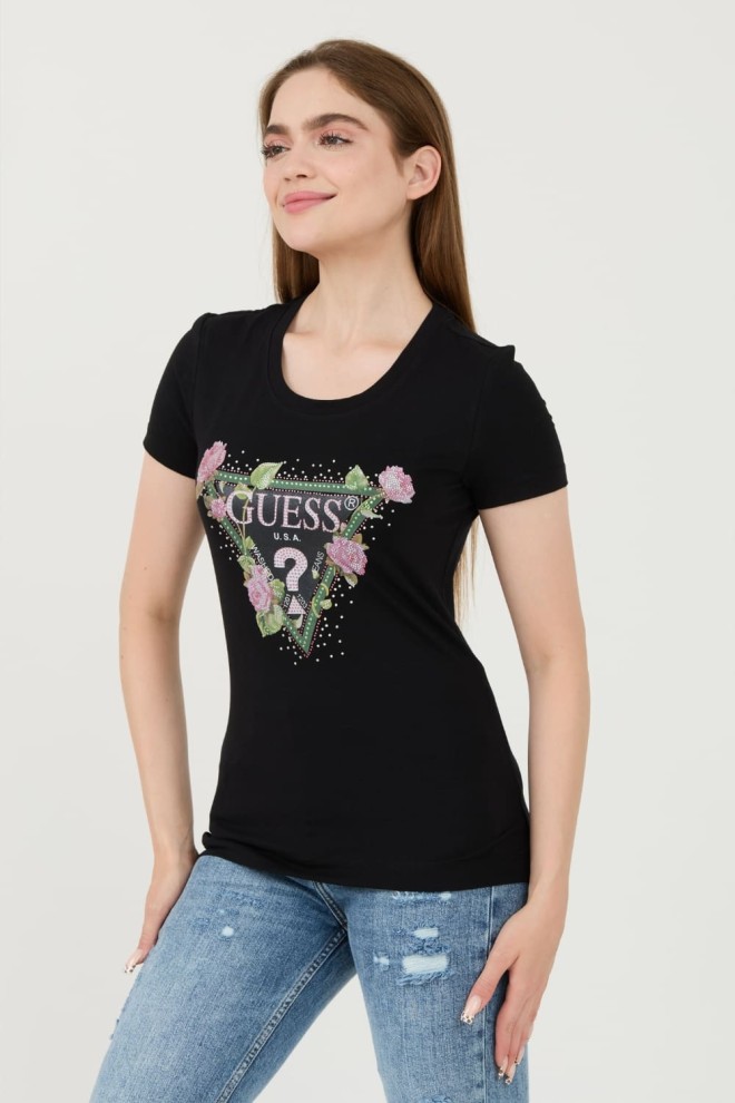 GUESS Czarny t-shirt Floral Triangle Tee