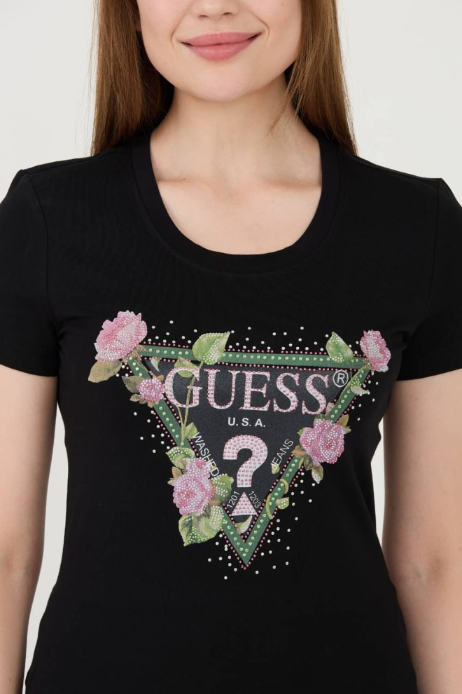 GUESS Czarny t-shirt Floral Triangle Tee