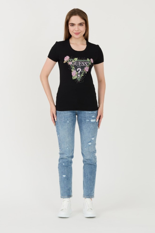 GUESS Czarny t-shirt Floral Triangle Tee