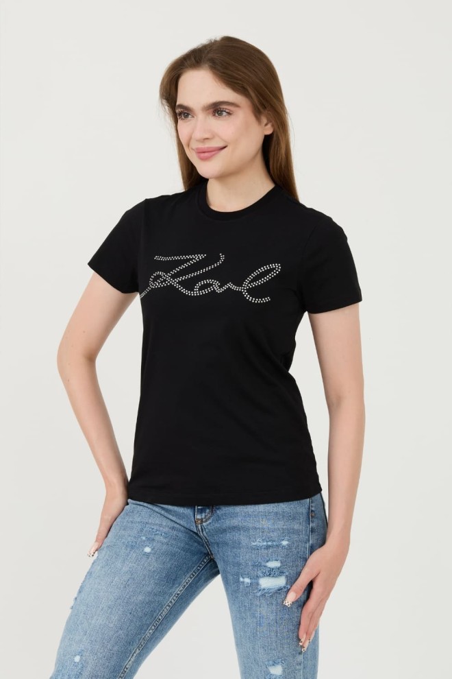 KARL LAGERFELD Tricou negru pentru femei cu logo-ul Rhinestone
