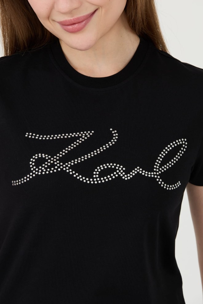 KARL LAGERFELD Tricou negru pentru femei cu logo-ul Rhinestone