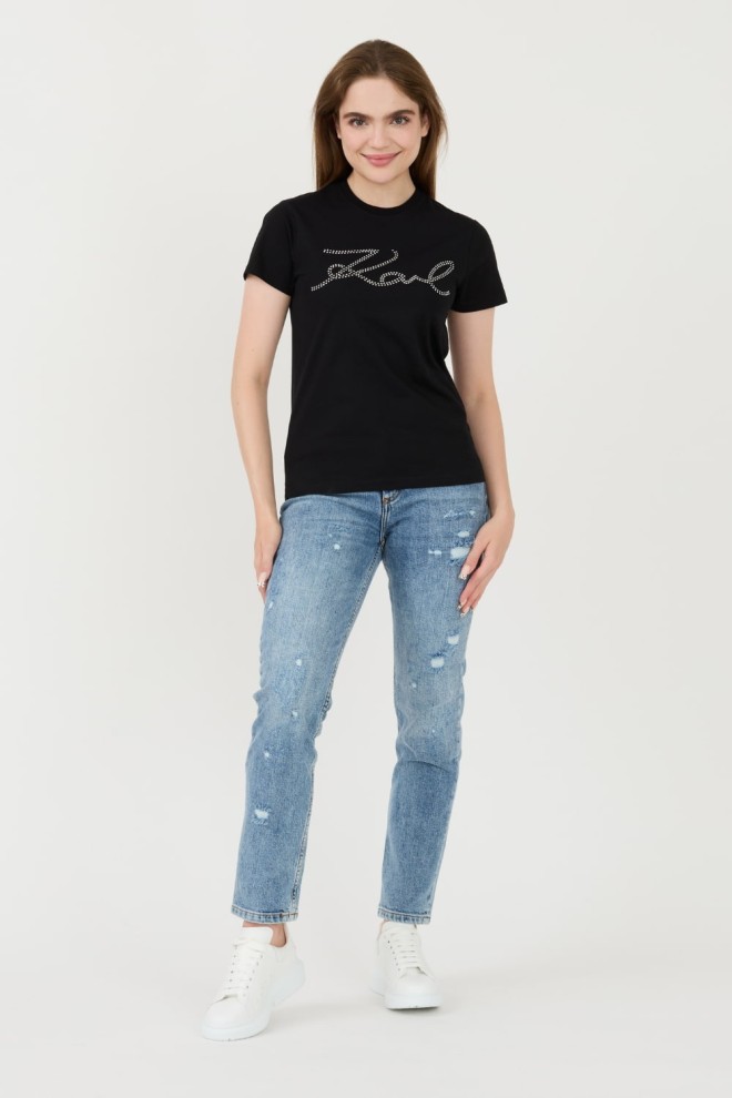 KARL LAGERFELD Tricou negru pentru femei cu logo-ul Rhinestone