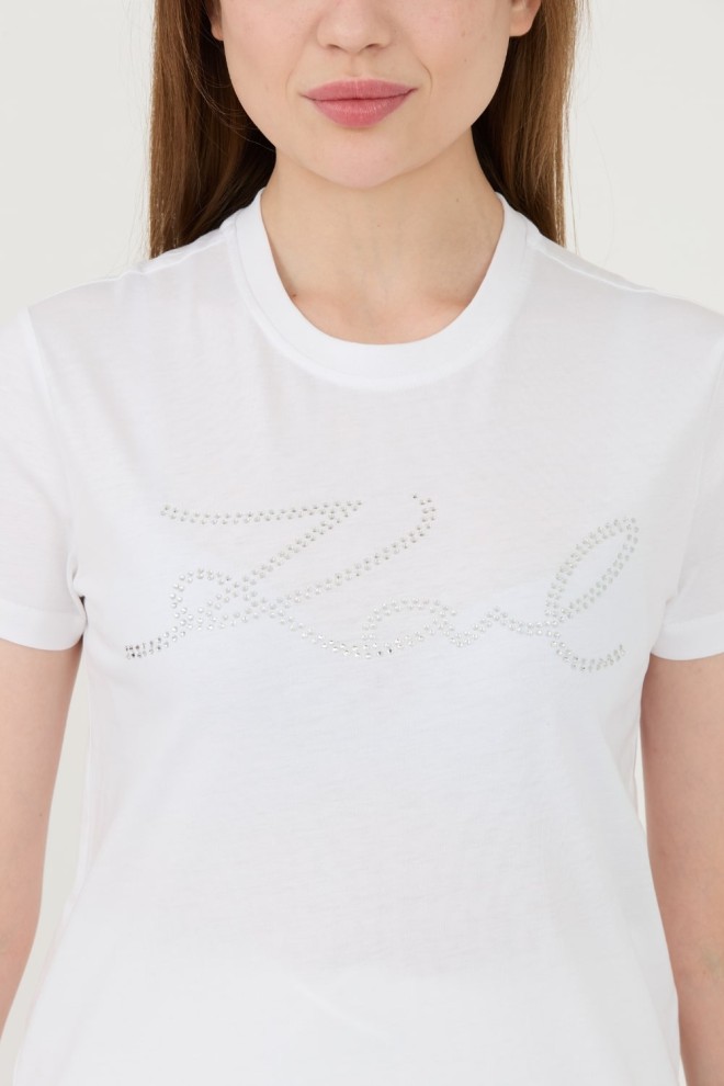 KARL LAGERFELD Biały t-shirt Rhinestone Logo