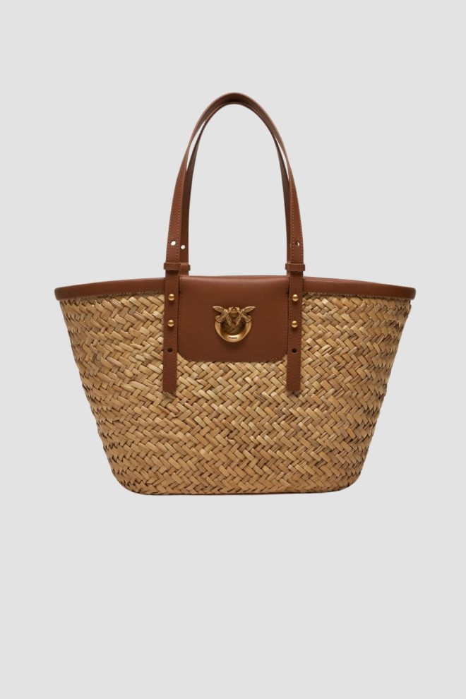 PINKO Beige Love Summer Basket beach bag