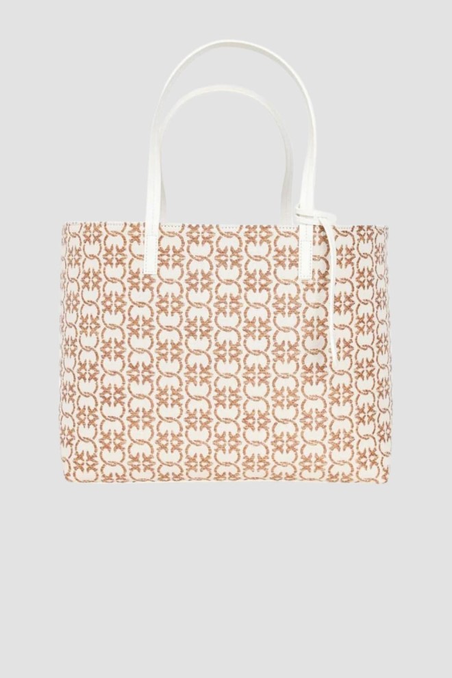 PINKO Beige Jacquard Logo Rafia Shopper Bag