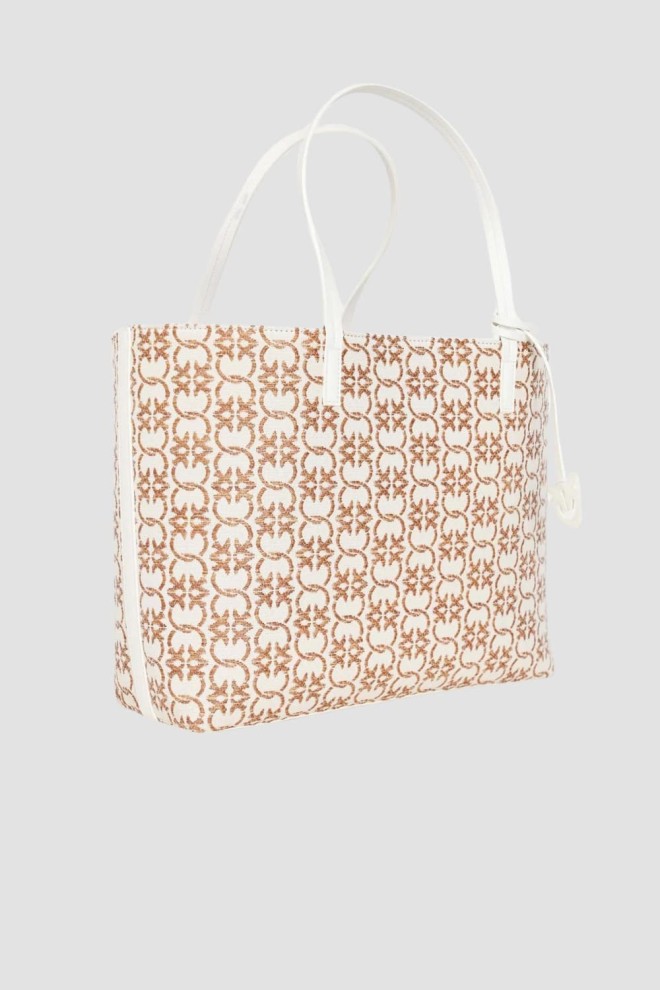 PINKO Beige Jacquard Logo Rafia Shopper Bag