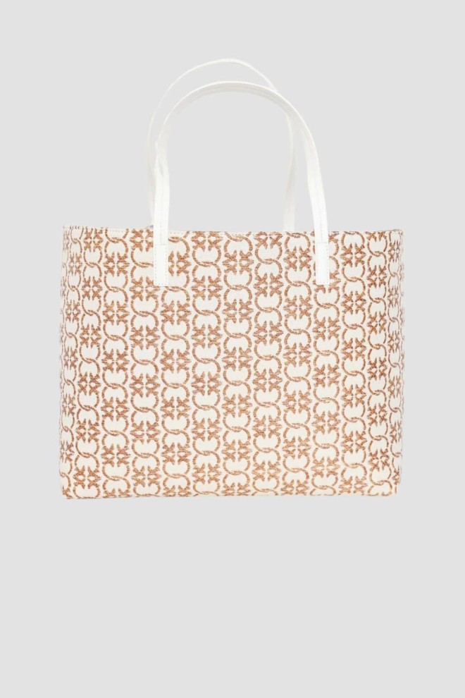 PINKO Beige Jacquard Logo Rafia Shopper Bag