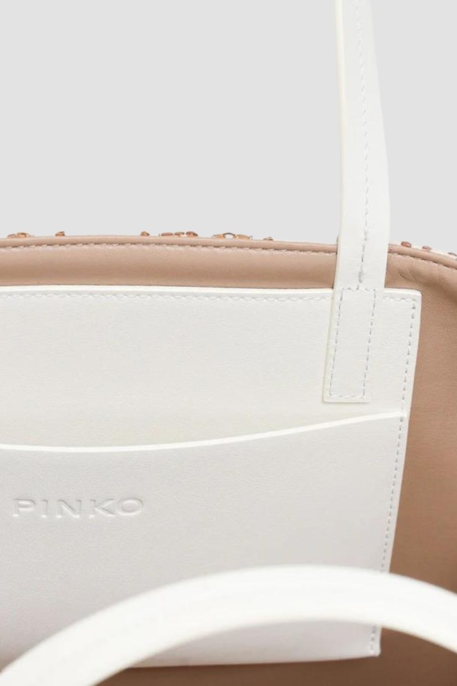 PINKO Beige Jacquard Logo Rafia Shopper Bag