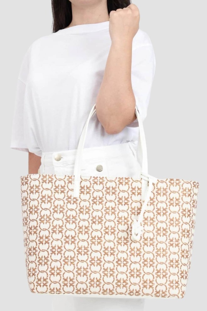 PINKO Beige Jacquard Logo Rafia Shopper Bag