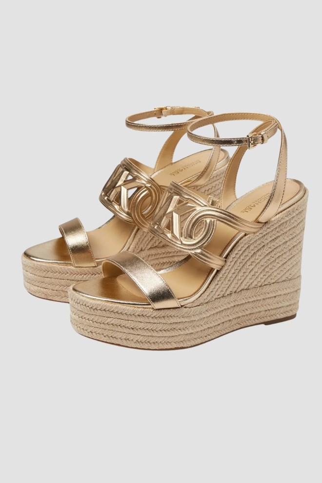 MICHAEL KORS Złote sandały Alma Wedge Espadrille