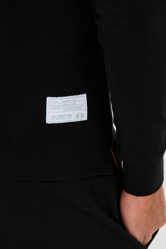 LA MARTINA Polo negru pentru bărbați cu mânecă lungă Piquet Stretch