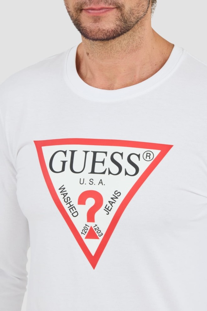 GUESS White bărbați Original Logo Longsleeve Tee