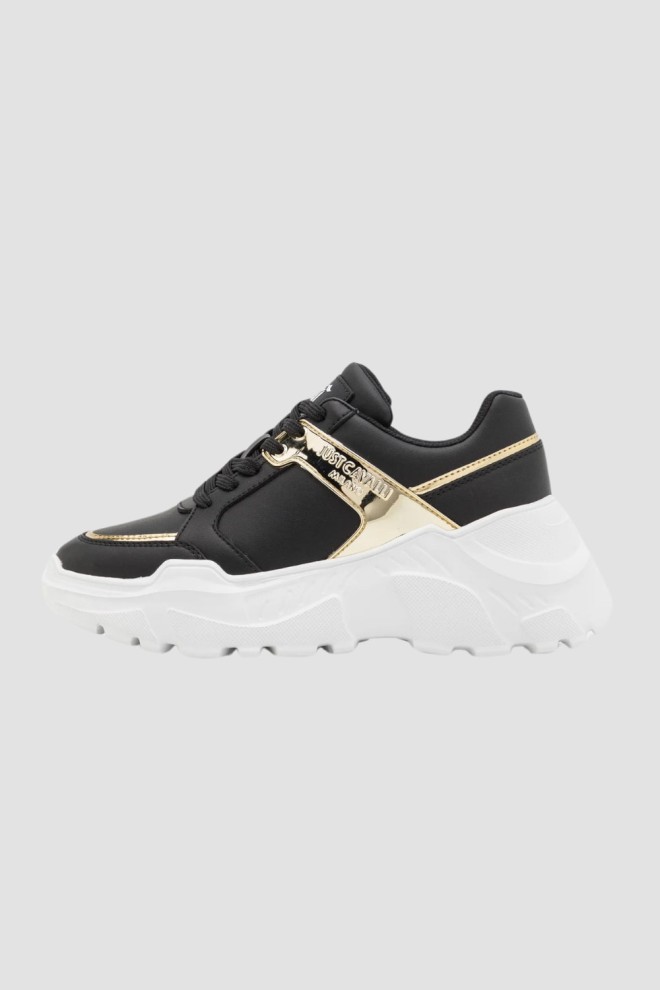 JUST CAVALLI Adidași negri cu logo auriu Fondo Casper