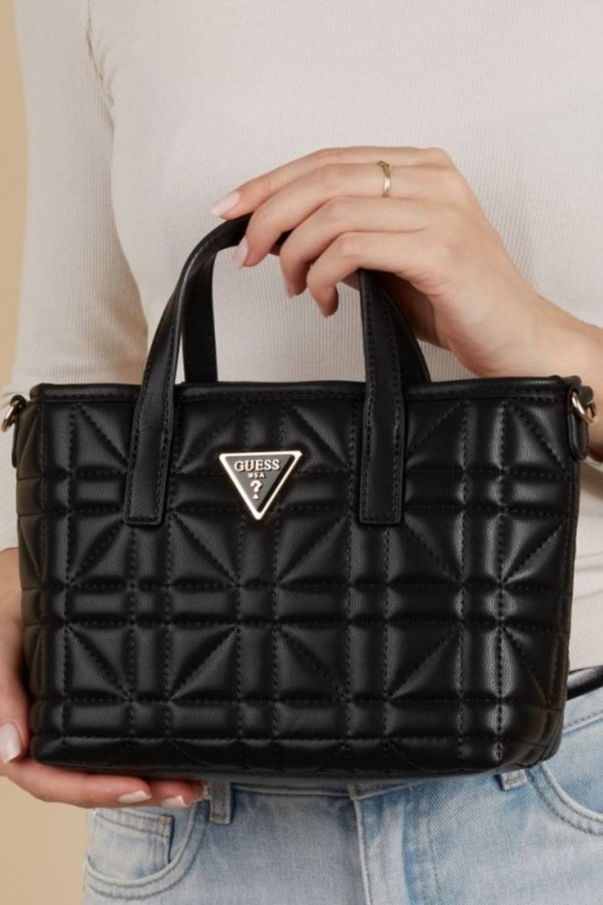 GUESS Small Black Quilted Handbag Latona Mini Tote