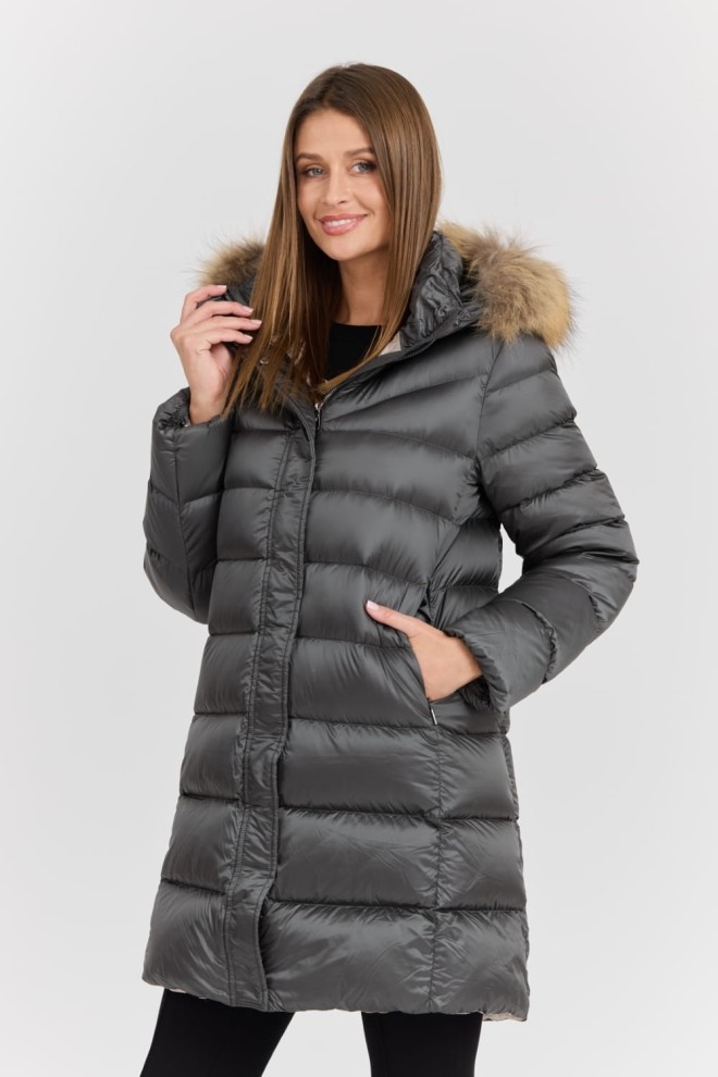 HETREGO Szara damska kurtka puchowa Leonie Quilted Woman Jacket With Detached Hood