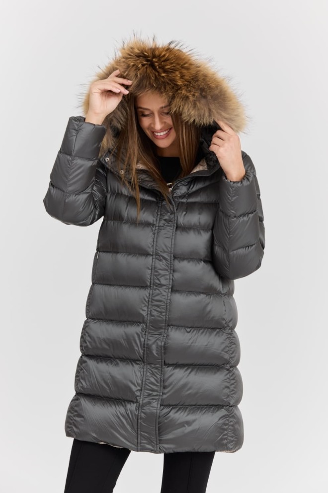 HETREGO Gri Jachetă matlasată pentru femei Leonie cu glugă detașată