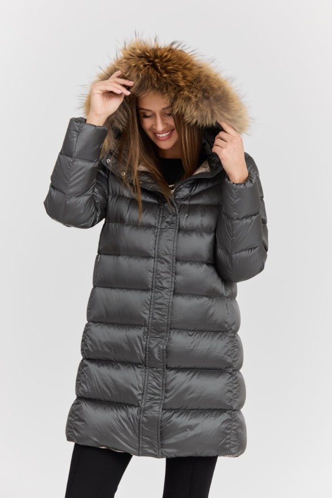 HETREGO Szara damska kurtka puchowa Leonie Quilted Woman Jacket With Detached Hood