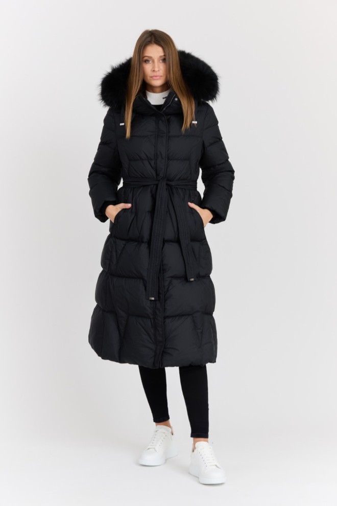 DIEGO M Black Women's Down Coat Giaccone In Micropiuma - Cappuccio Bordo White Raccoon