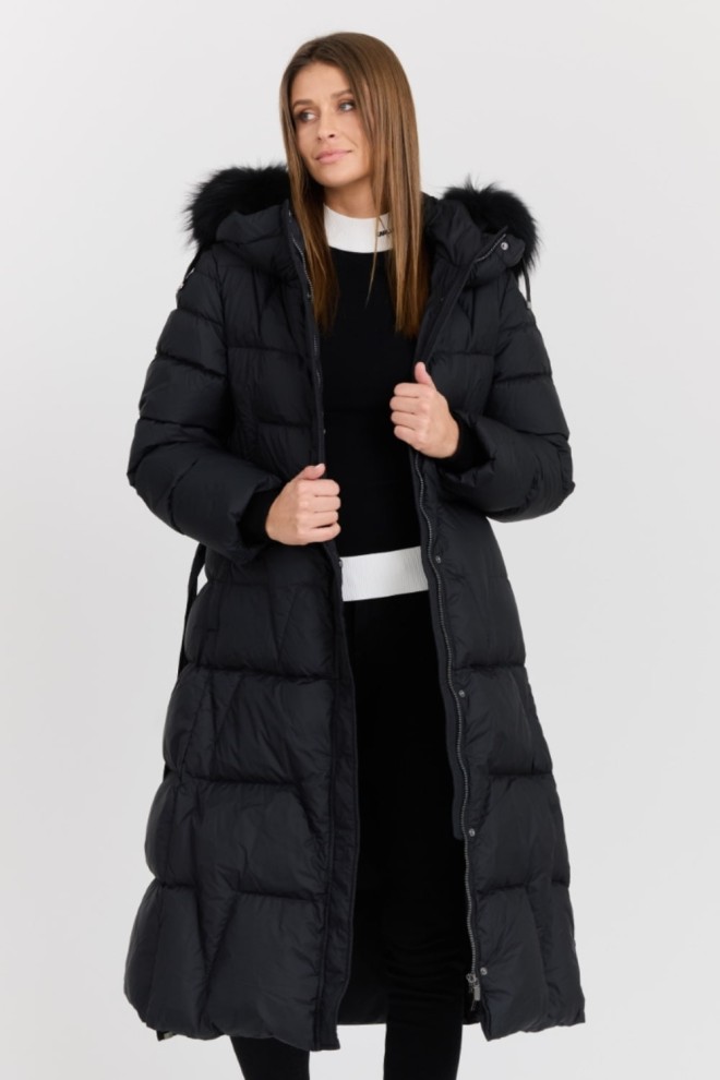 DIEGO M Black Women's Down Coat Giaccone In Micropiuma - Cappuccio Bordo White Raccoon