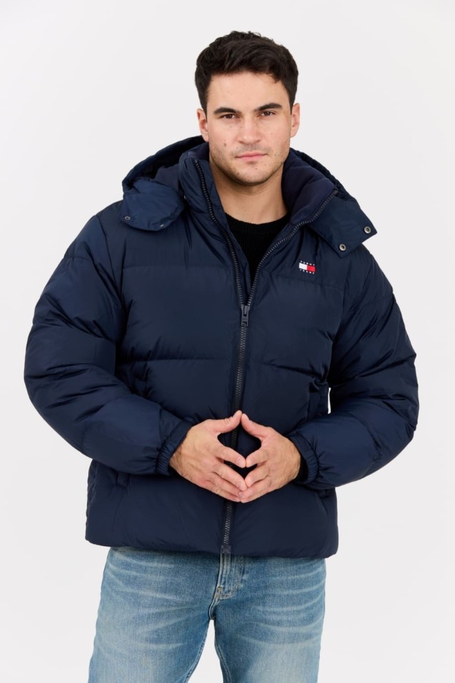 TOMMY JEANS Navy blue down jacket with large Alaska logo.