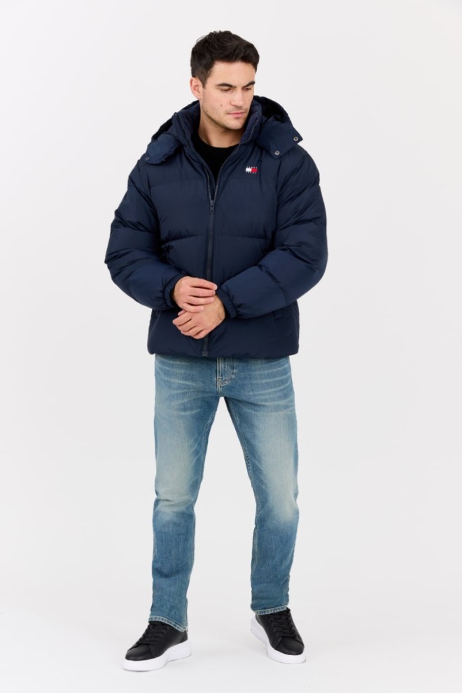 TOMMY JEANS Navy blue down jacket with large Alaska logo.