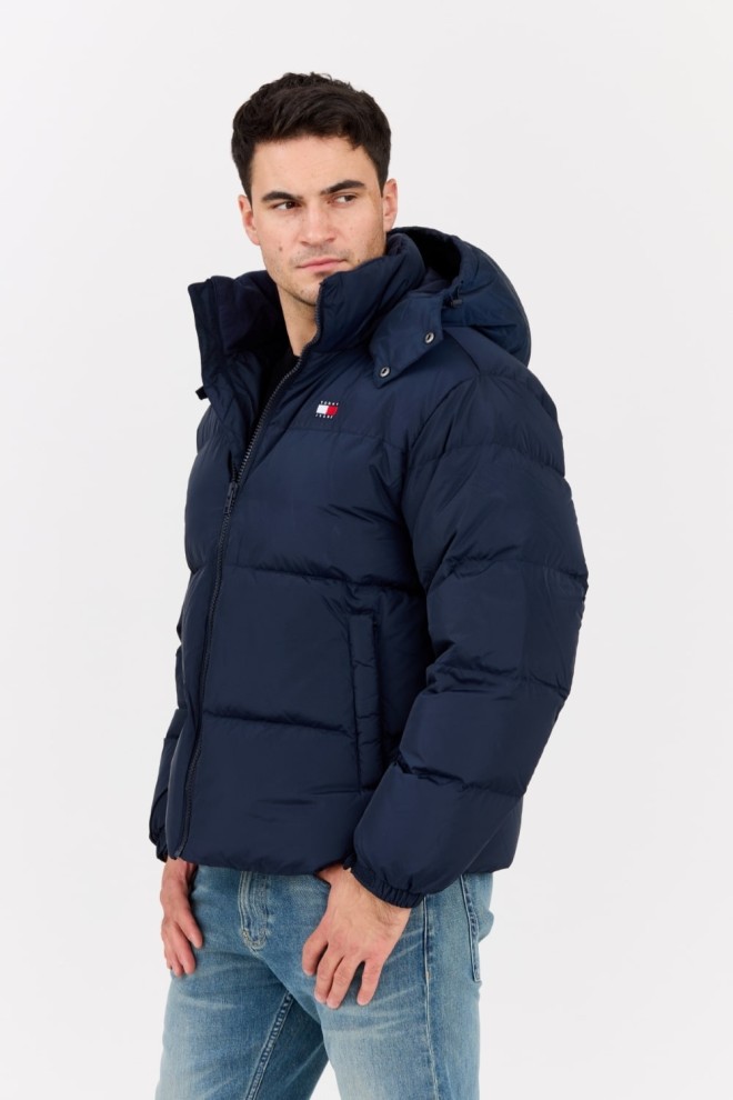 TOMMY JEANS Navy blue down jacket with large Alaska logo.