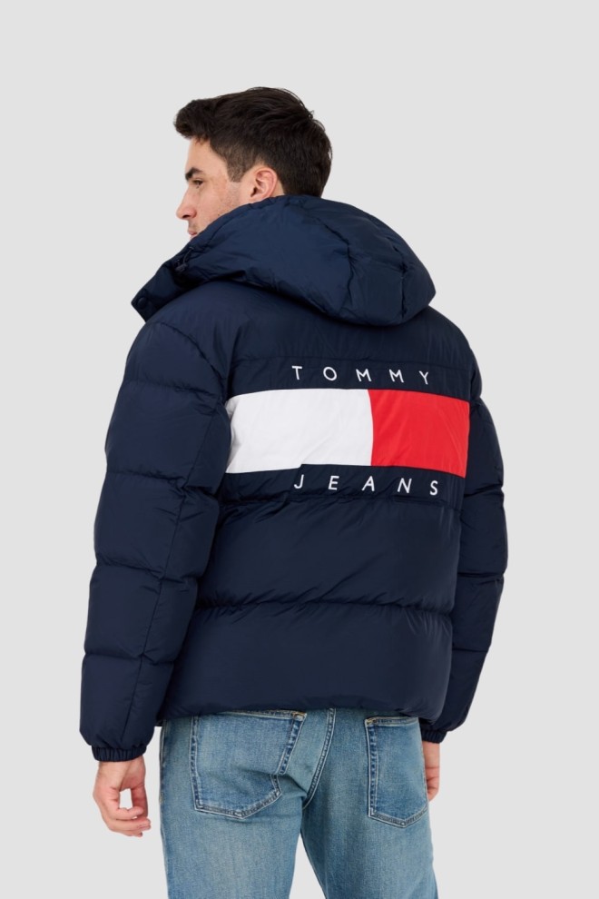 TOMMY JEANS Navy blue down jacket with large Alaska logo.