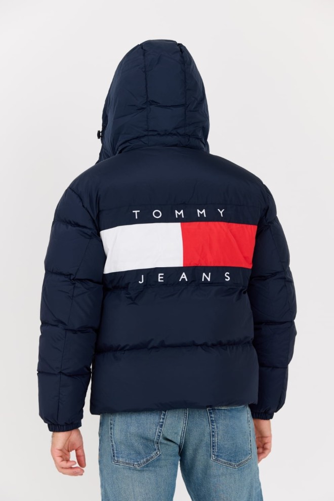 TOMMY JEANS Navy blue down jacket with large Alaska logo.